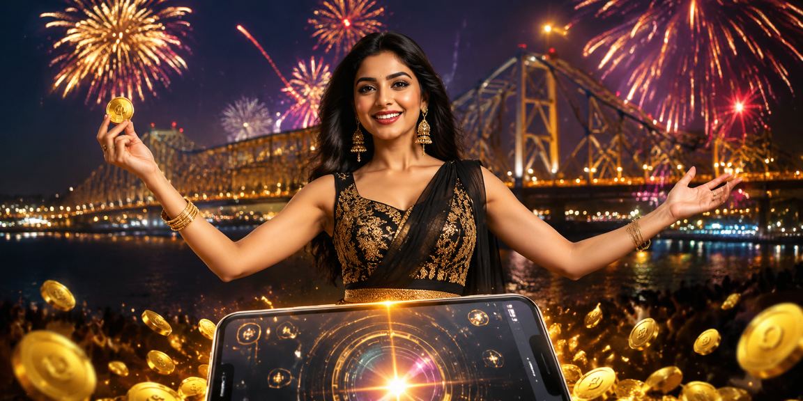 Kolkata Howrah Bridge with cricket betting promotions and Indian model